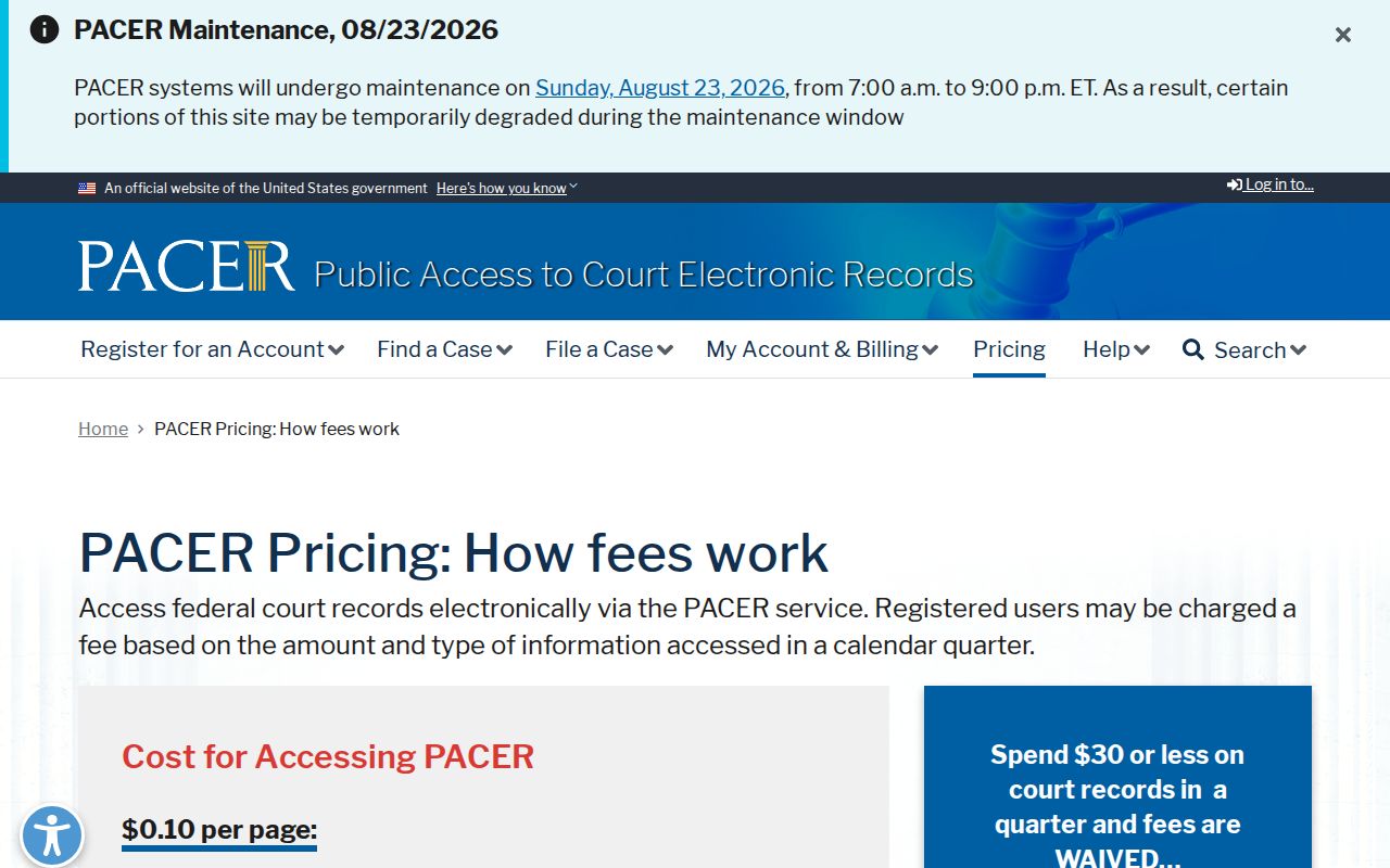 Federal PACER fees separate from Cedar Grove court records